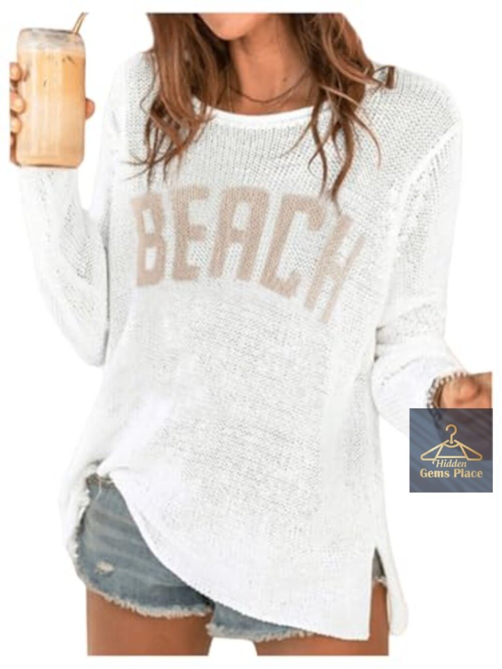 Women's Crochet Swim Cover Up Letter Print Long Sleeve Sweater